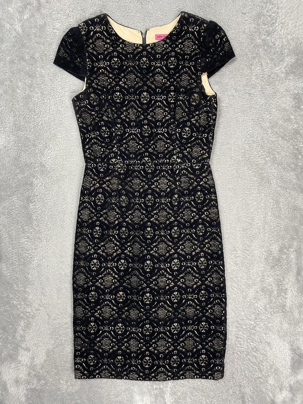 Betsey Johnson Sheath Dress Womens 8 Black Lace Floral Cap Sleeve Lined Cocktail
